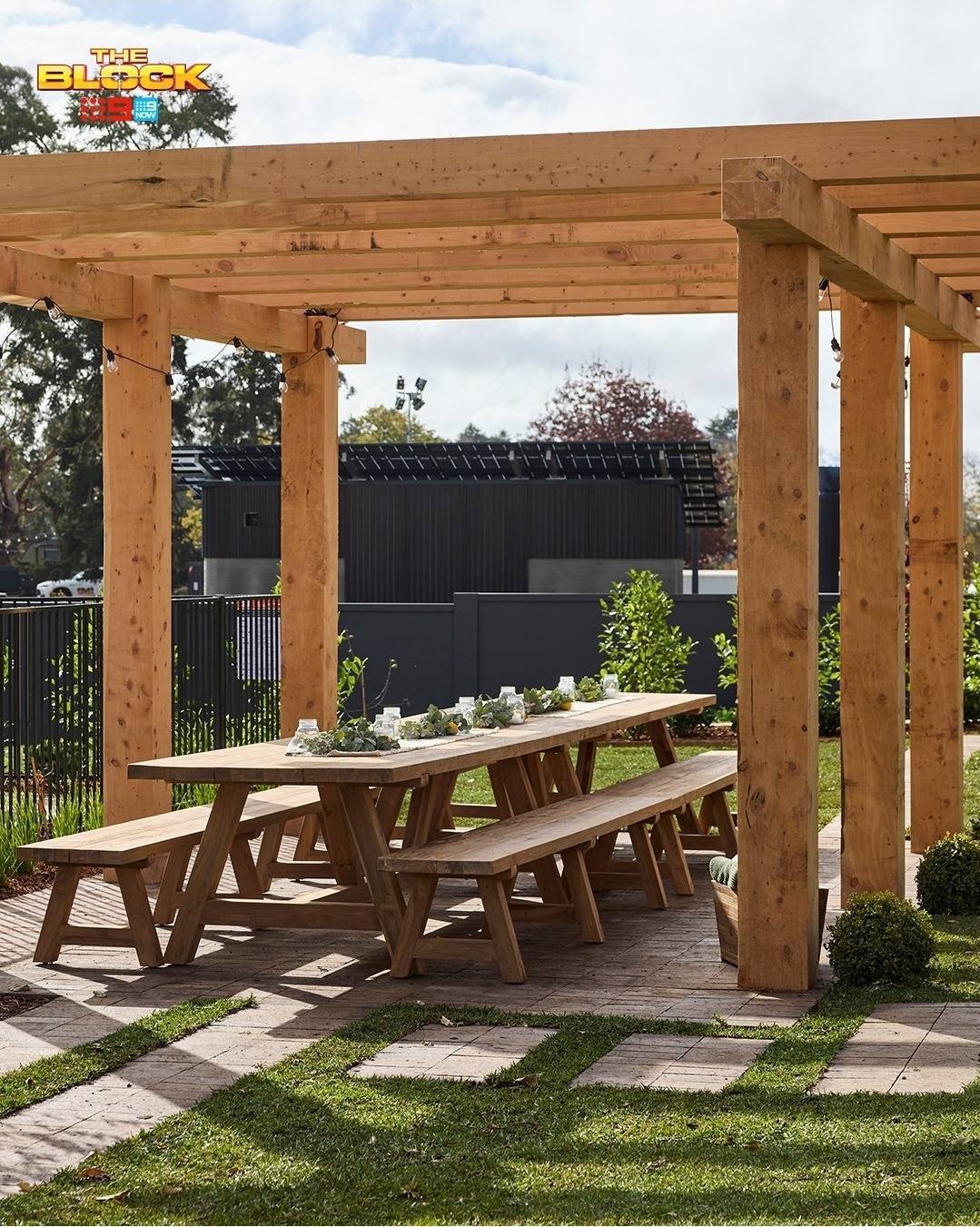 Timber pergola over the outdoor dining terrace
