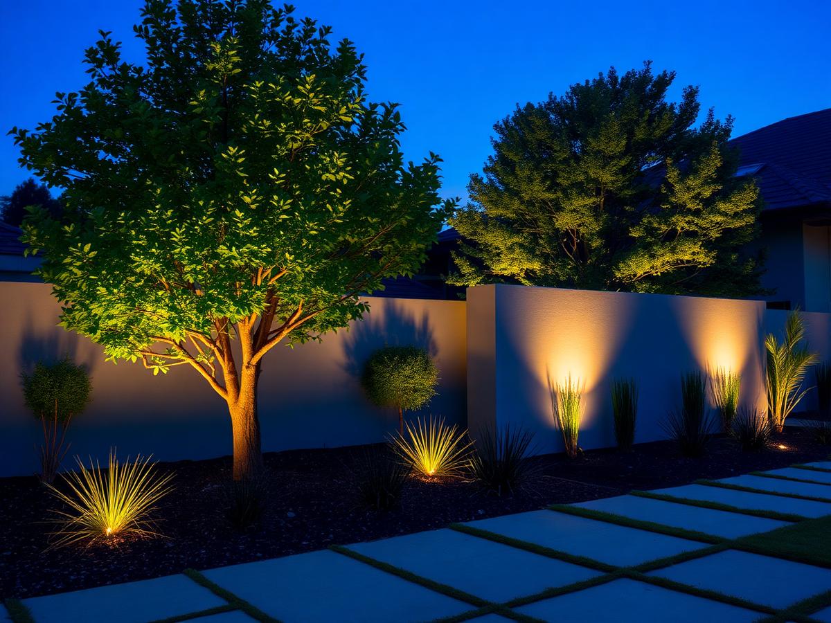 Warm low-voltage garden lighting on a feature tree and rendered wall at dusk